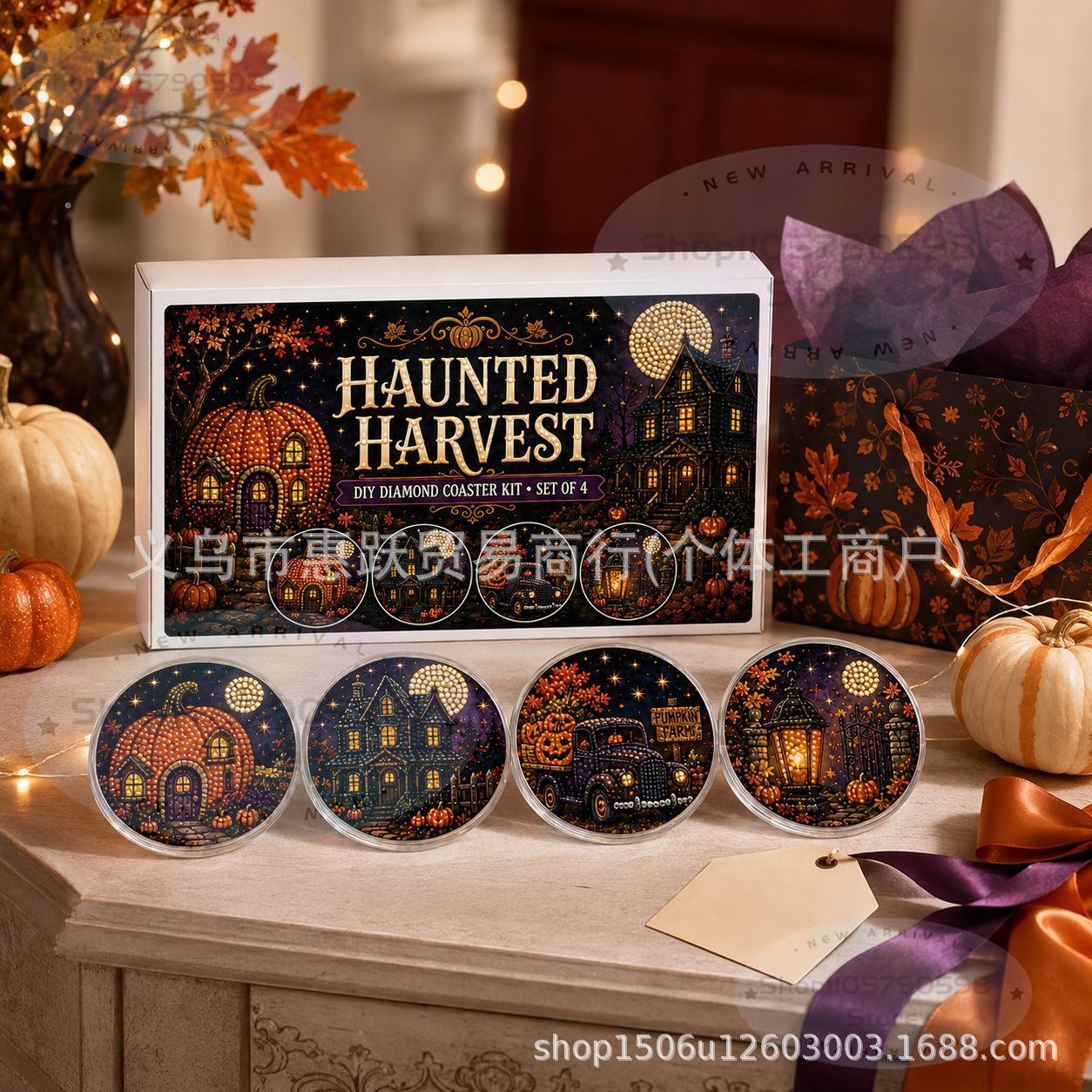 Art Craft Kit - ハロウィーン・クラフト・ナイト ダイヤモンドアート・コースターキット | かわいいお化けのハロウィーン・ダイヤモンド・ペインティング・コースター4枚セット。ハロウィーンの楽しい手作りギフトに。