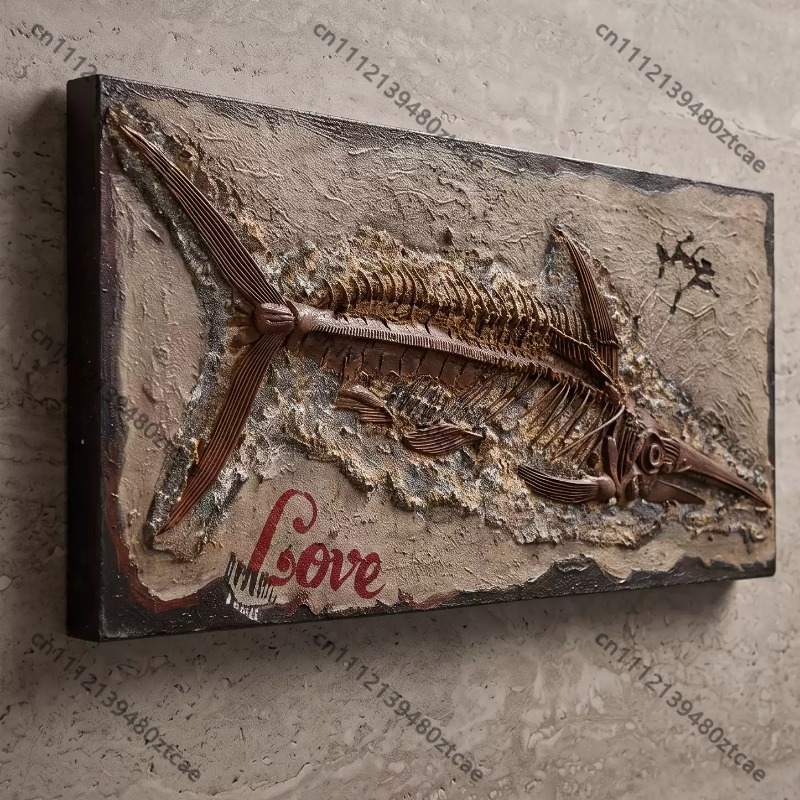 Art Craft Bar - 3D金属製の魚の骨の化石を模した壁掛けオーナメント。ヴィンテージ風のインダストリアルな壁飾りで、カフェやバーのクリエイティブな壁装飾に最適。