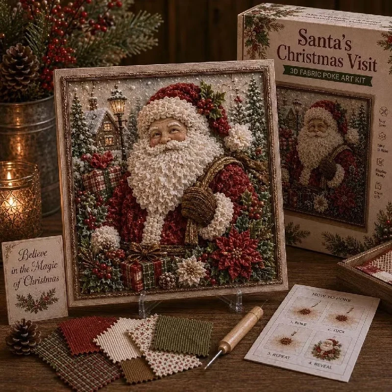 Art Craft Kit - ヴィンテージ風クリスマス柄の布を使った、パンチ刺繍DIYキット。あらかじめ裁断された布の正方形がセットになっており、大人向けの初心者でも楽しめる、ホリデーシーズンのホームデコレーションに最適な手芸セットです。