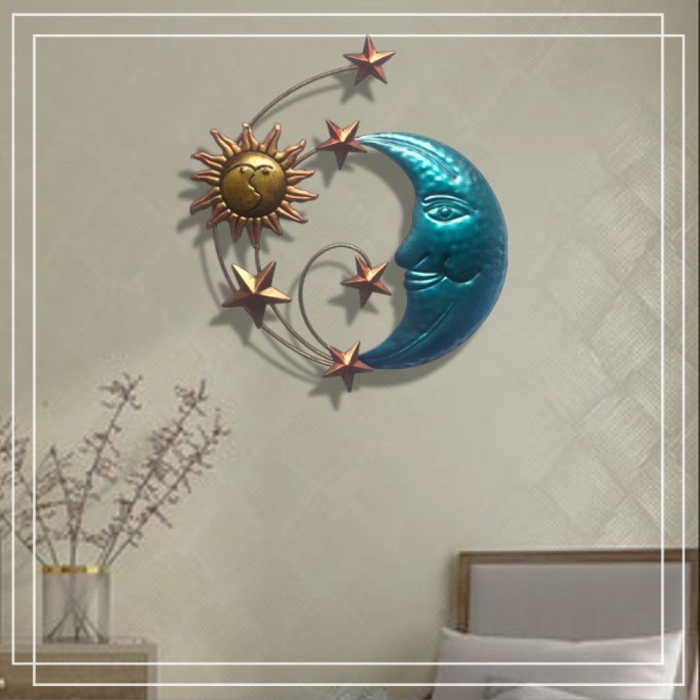 手作りの鉄製ムーンフェイス壁飾り。3Dの太陽と星の彫刻で、寝 - Art And Craft For Nursery のレビューと価格